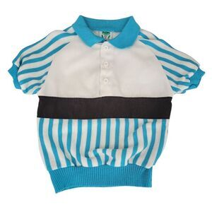 Bull Frog 80s Striped Blue White Kids Knit Polo Shirt Eclectic Grandpa Vintage